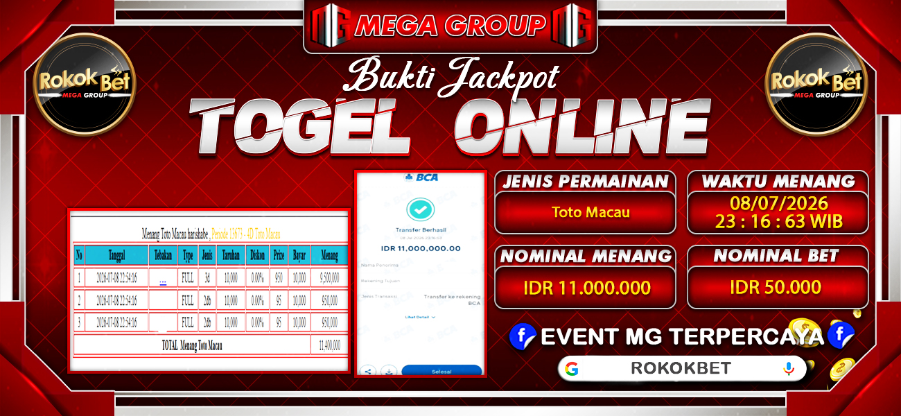 Bukti JP situs Rokokbet hari Rabu, 08 Juli 2026
